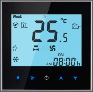 PST Clima veggtermostat med touch knapper og LCD display for fancoils med EC viftemotor.