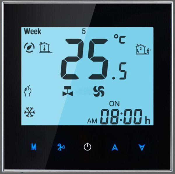 PST Clima veggtermostat med touch knapper og LCD display for fancoils med EC viftemotor.